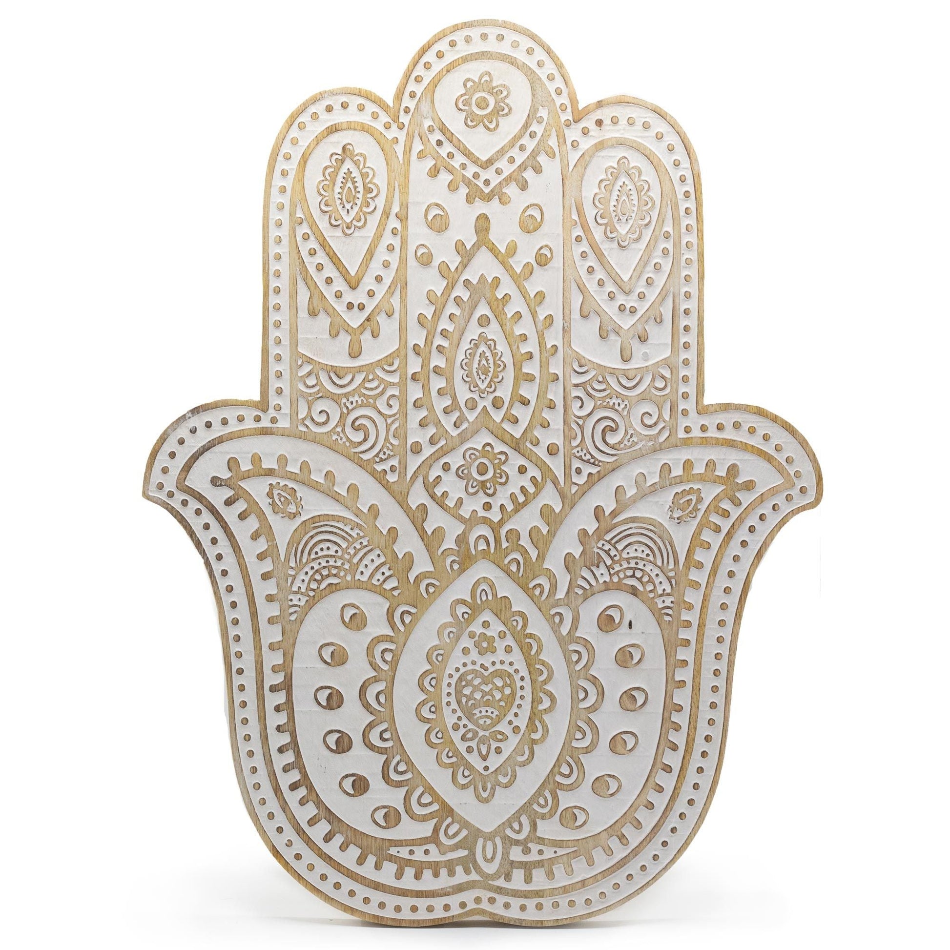 Alt Tag: Väggplakett i mangoträ Hamsa – Whitewash 52CM, handformad väggdekor med snidade mönster och vitlaserad finish