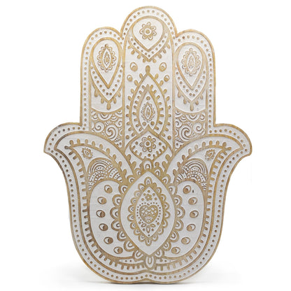 Alt Tag: Väggplakett i mangoträ Hamsa – Whitewash 52CM, handformad väggdekor med snidade mönster och vitlaserad finish