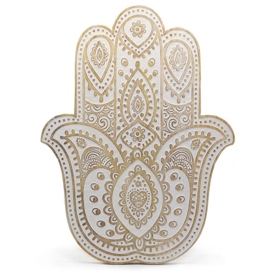 Alt Tag: Mango Wood Hamsa Wall Plaque – Whitewash 52CM, hand-shaped wall decor with carved patterns and whitewashed finish