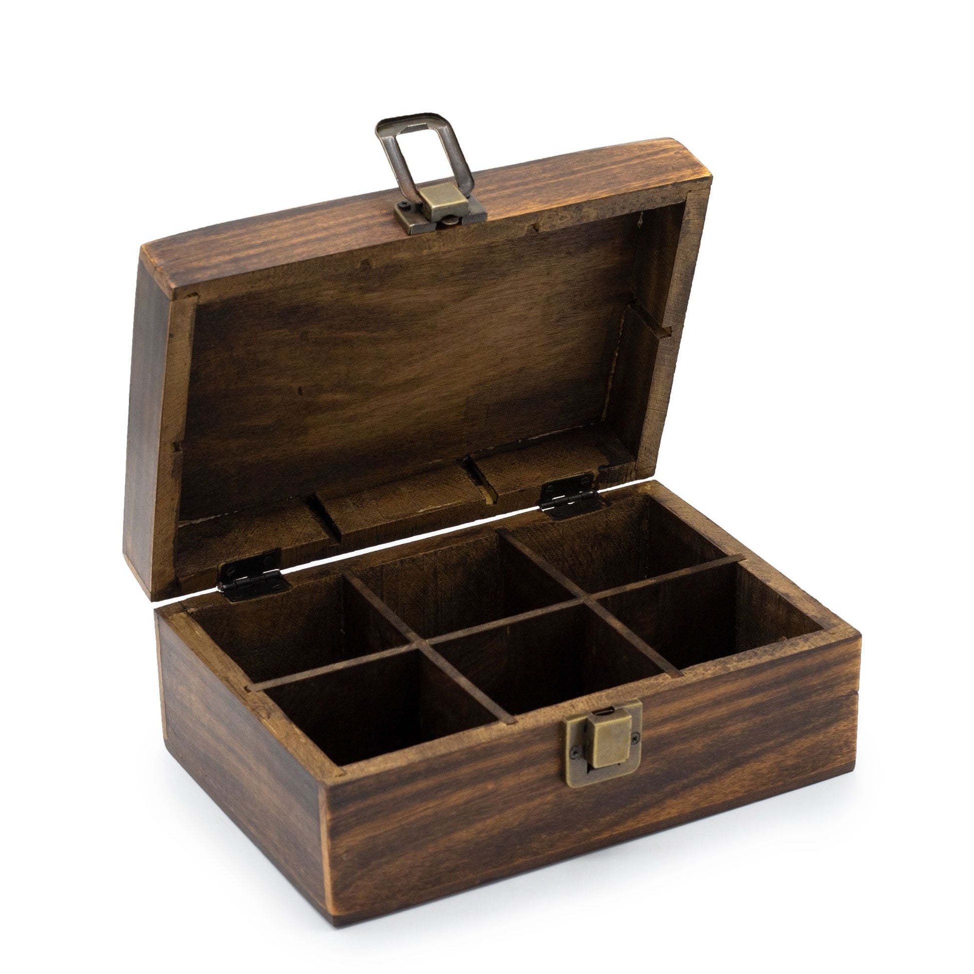 Mangosnidad teask (6 fack) – 23 × 15 × 9.5 CM öppen teförvaringslåda i mangoträ med 6 fack och snidat lock