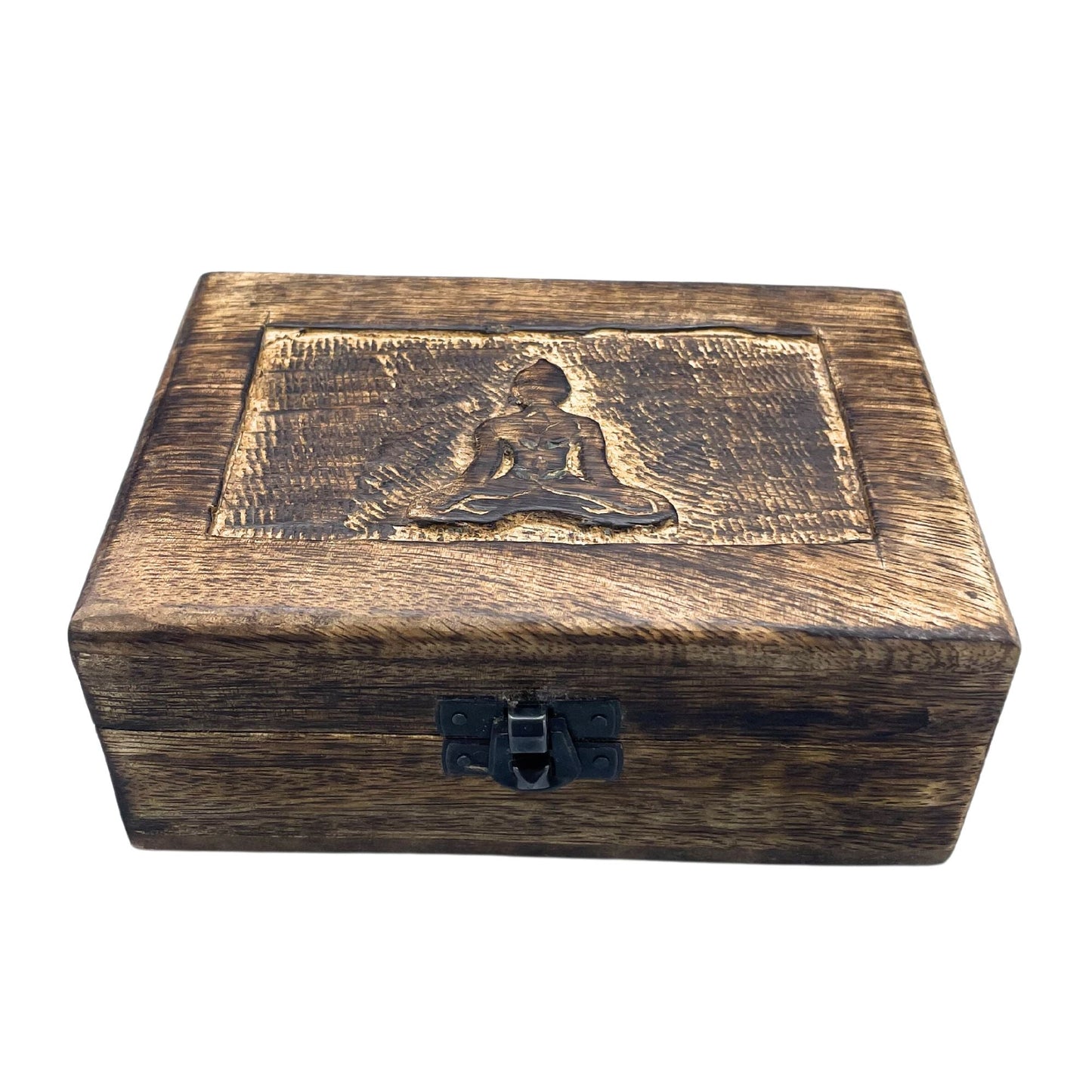 Mango Wood Keepsake Box – Buddha 15.5x10.5x6 CM, caja de madera de mango con grabado de Buda y cierre metálico