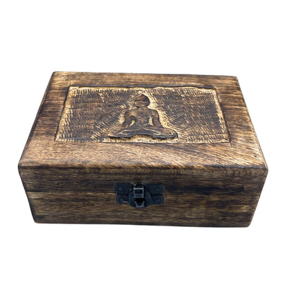 Mango Wood Keepsake Box – Buddha 15.5x10.5x6 CM, caja de madera de mango con grabado de Buda y cierre metálico