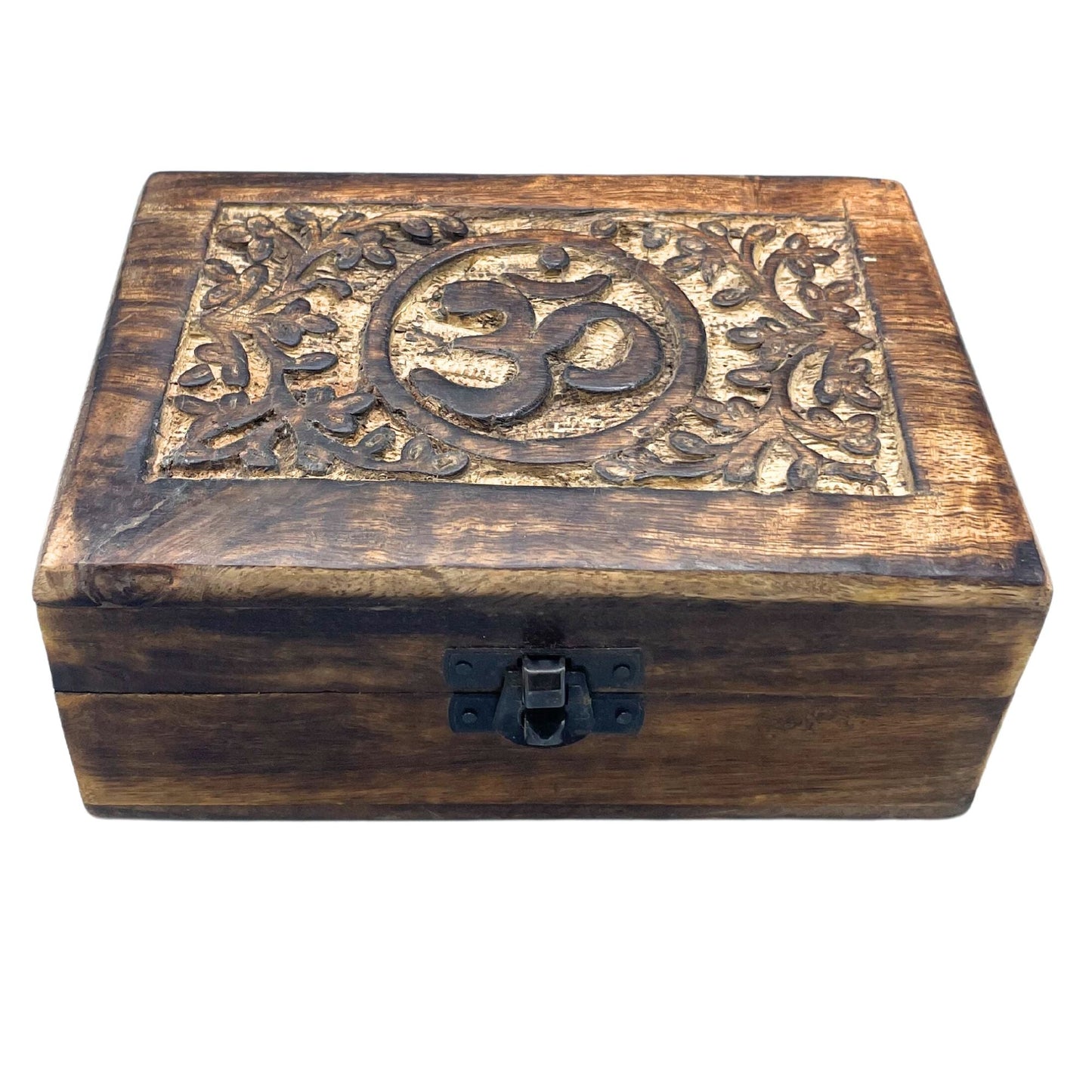 Alt Tag: Mango Wood Keepsake Box – Om Symbol 15.5x10.5x6 CM hand-carved wooden box with Om symbol lid and metal latch
