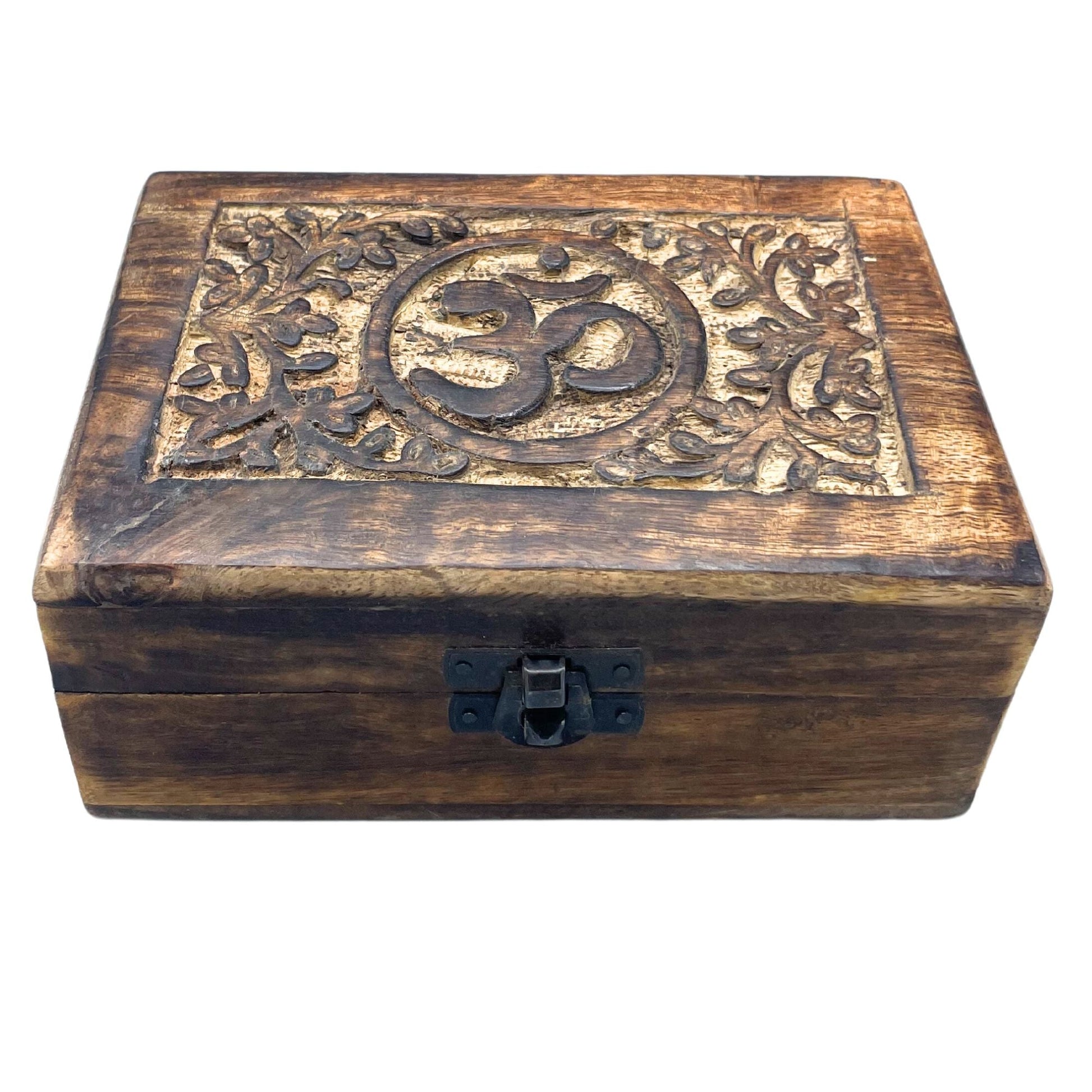 Alt Tag: Mango Wood Keepsake Box – Om Symbol 15.5x10.5x6 CM hand-carved wooden box with Om symbol lid and metal latch