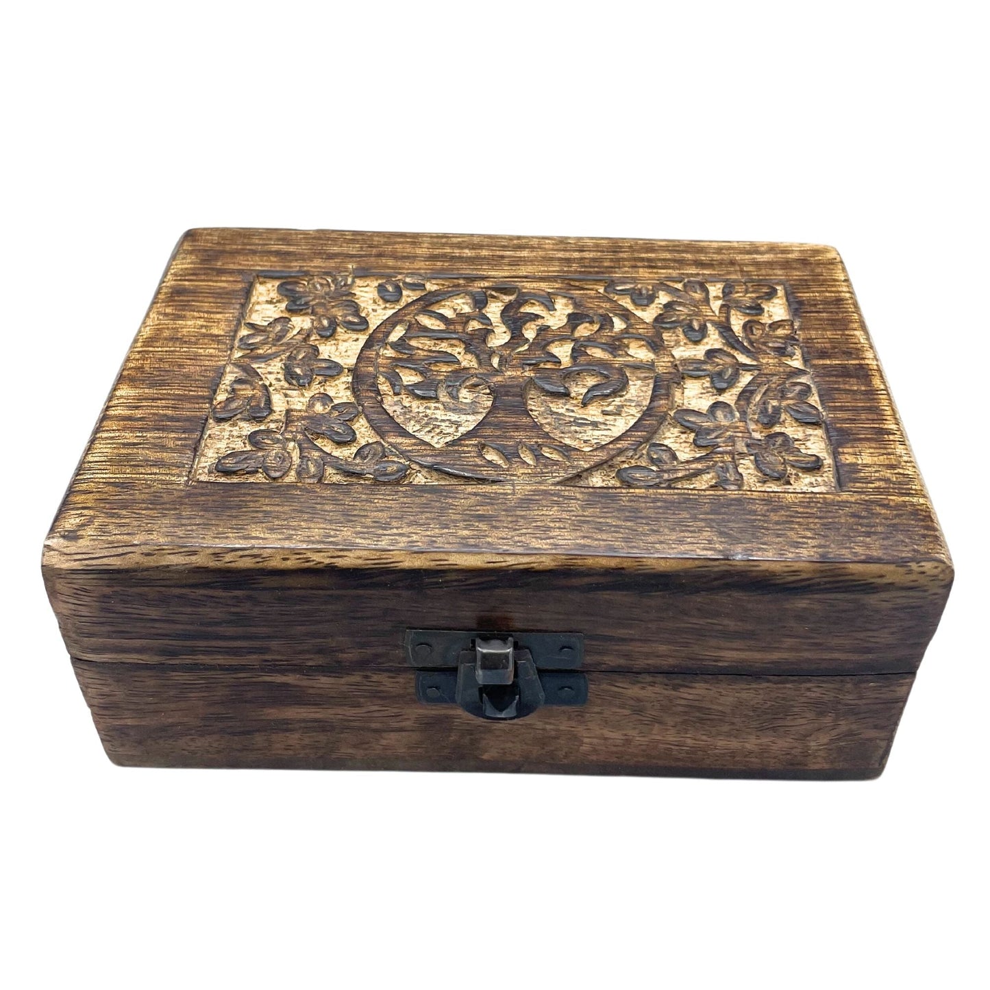 Alt Tag: Mango Wood Keepsake Box – Tree of Life 15.5x10.5x6 CM, hand-carved mango wood box with Tree of Life lid and metal latch