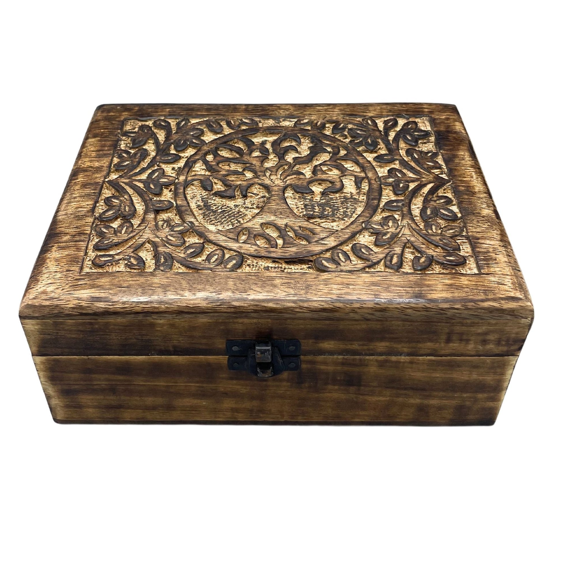 Mango Wood Keepsake Box – Tree of Life, 20x15x8 CM hand-carved wooden box with Tree of Life lid design and metal latch