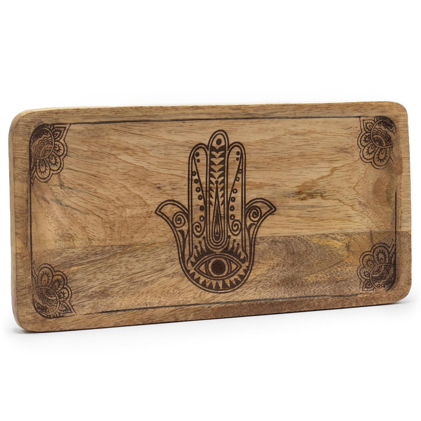 Alt Tag: Mango Wood Long Tray – 30x15x2.5 CM Hamsa Black, bandeja larga de madera de mango con grabado Hamsa negro