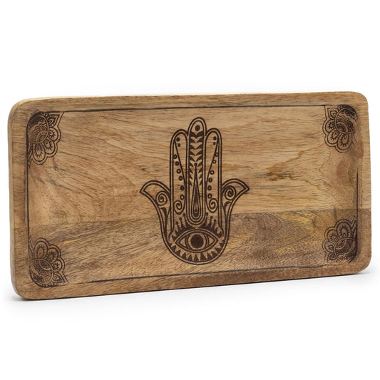 Alt Tag: Mango Wood Long Tray – 30x15x2.5 CM Hamsa Black, bandeja larga de madera de mango con grabado Hamsa negro