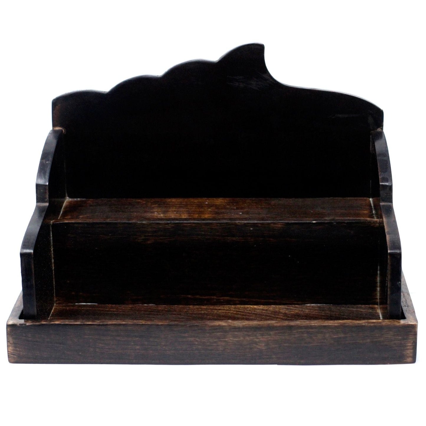 Alt Tag: Mango Wood Mini Display Stand – 22.5x35.5x24.5 CM, compact dark wood countertop stand with backboard for small product display