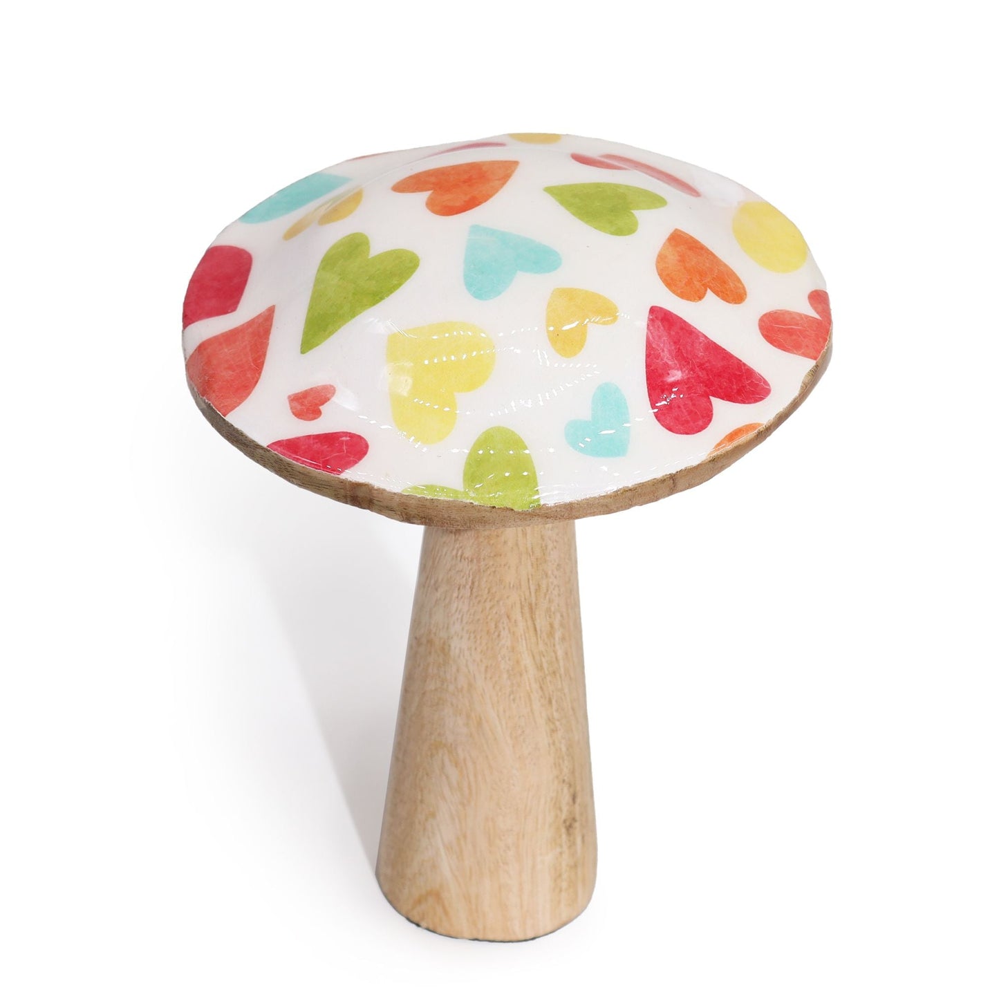 Mango Wood Mushroom – 15 CM Pastel Hearts decorative mango wood mushroom with pastel heart cap, medium size home decor accent