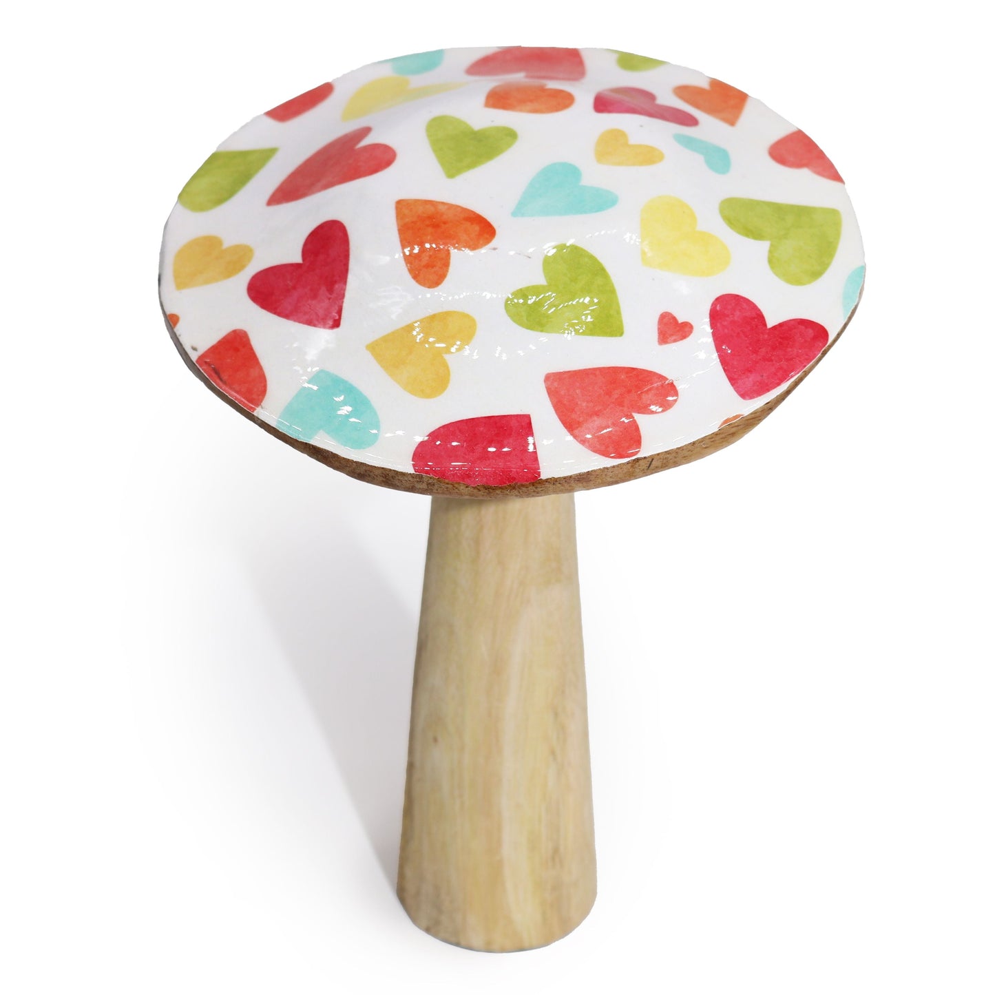 Mango Wood Mushroom Décor – 20 CM Pastel Hearts, decoración de hongo de madera con corazones pastel multicolor