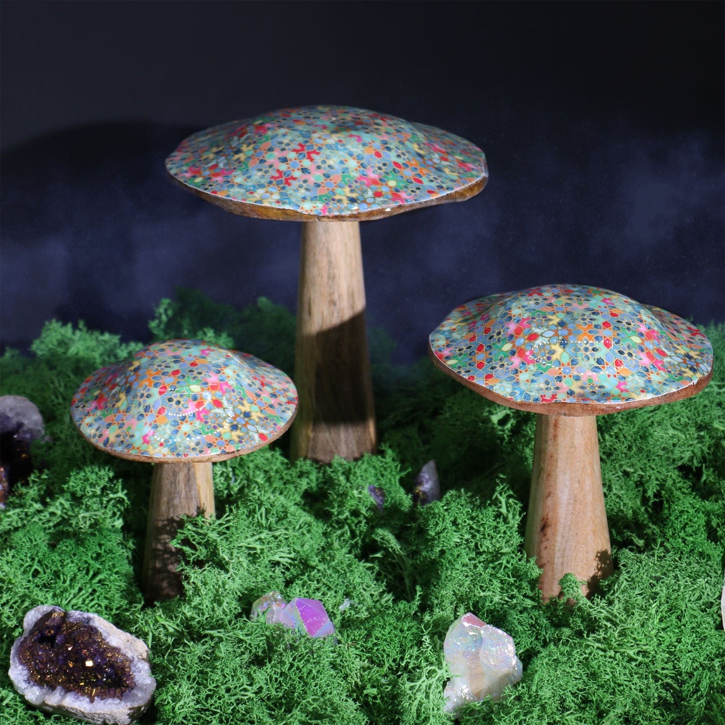 Mango Wood Mushroom Decoration – 15CM Mediterranean Tile set of three handcrafted wooden mushrooms with colorful tile-pattern caps