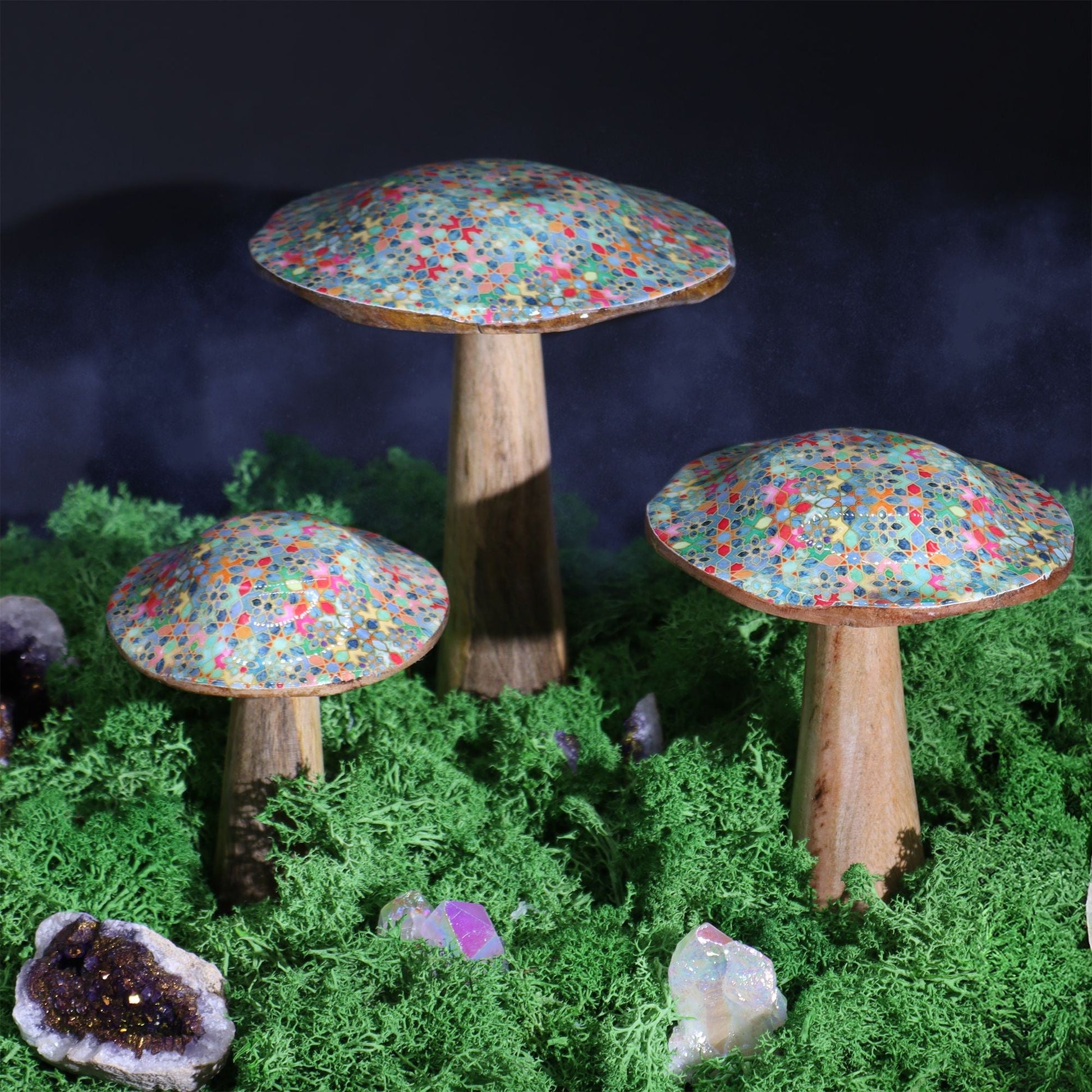 Mango Wood Mushroom Decoration – 15CM Mediterranean Tile set of three handcrafted wooden mushrooms with colorful tile-pattern caps