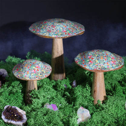 Mango Wood Mushroom Decoration – 15CM Mediterranean Tile set of three handcrafted wooden mushrooms with colorful tile-pattern caps