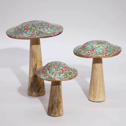 Mango Wood Mushroom Decoration – 15CM Mediterranean Tile, set of 3 handcrafted mango wood mushrooms with colorful Mediterranean tile caps