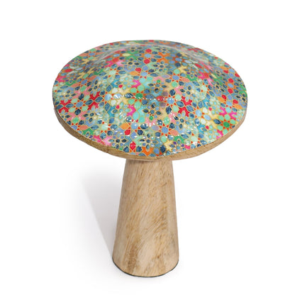 Mango Wood Mushroom Decoration – 15CM Mediterranean Tile, handcrafted wooden mushroom ornament with colorful mosaic tile pattern