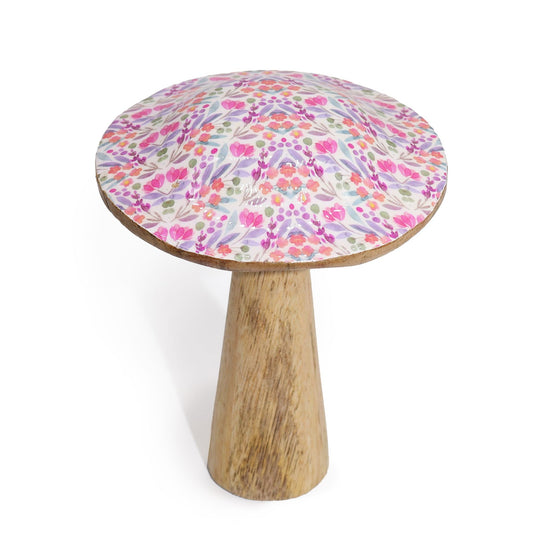 Alt Tag: Mango Wood Mushroom Decoration – 15 CM Pretty Floral decorative mushroom, handmade sustainable mango wood, floral enamel top