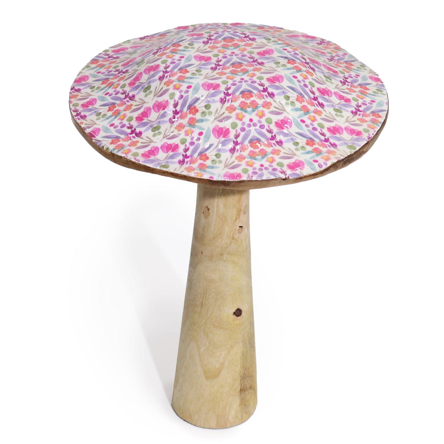 Mango Wood Mushroom Decoration – 20CM Pretty Floral, adorno de madera de mango con sombrero floral multicolor y base natural