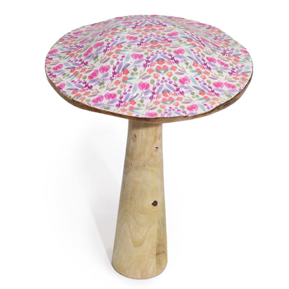 Mango Wood Mushroom Decoration – 20CM Pretty Floral, adorno de madera de mango con sombrero floral multicolor y base natural