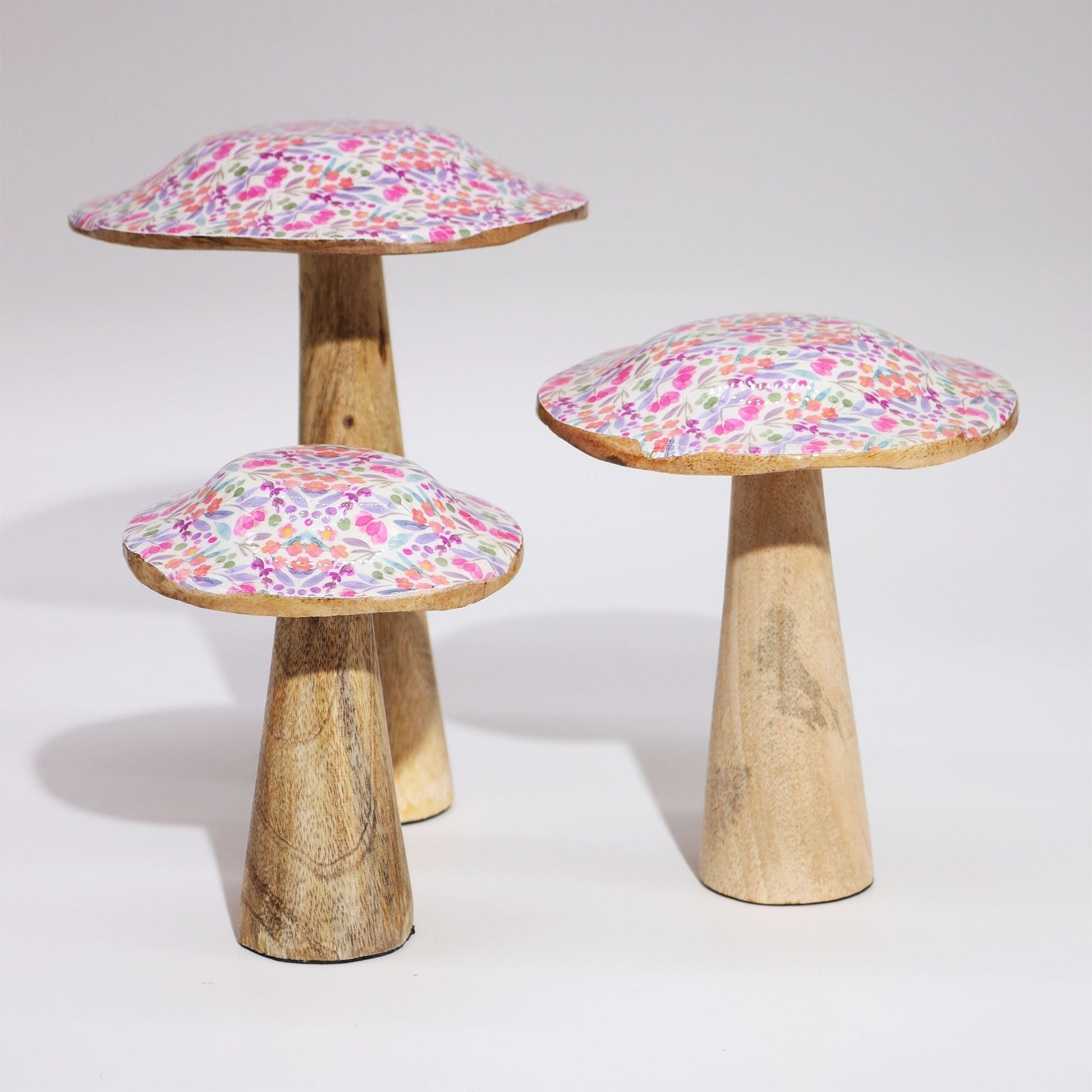 Alt Tag: Mango Wood Mushroom Decoration – 20CM Pretty Floral, set of 3 mango wood mushroom ornaments with floral tops