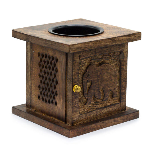 Alt Tag: Mango Wood Oil Burner – Elephant 12.5 CM, quemador de aceite de madera de mango con tallado de elefante y cuenco superior