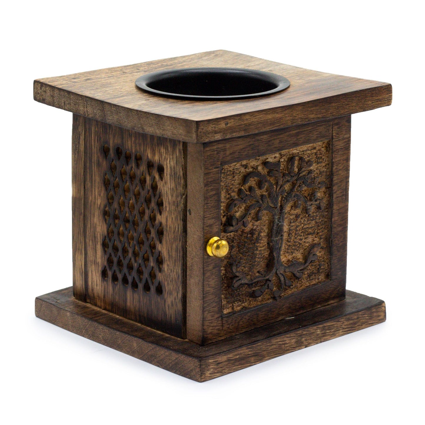 Mango Wood Oil Burner – Tree of Life Design handcrafted square mango wood oil burner with carved Tree of Life panel, 12.5 cm