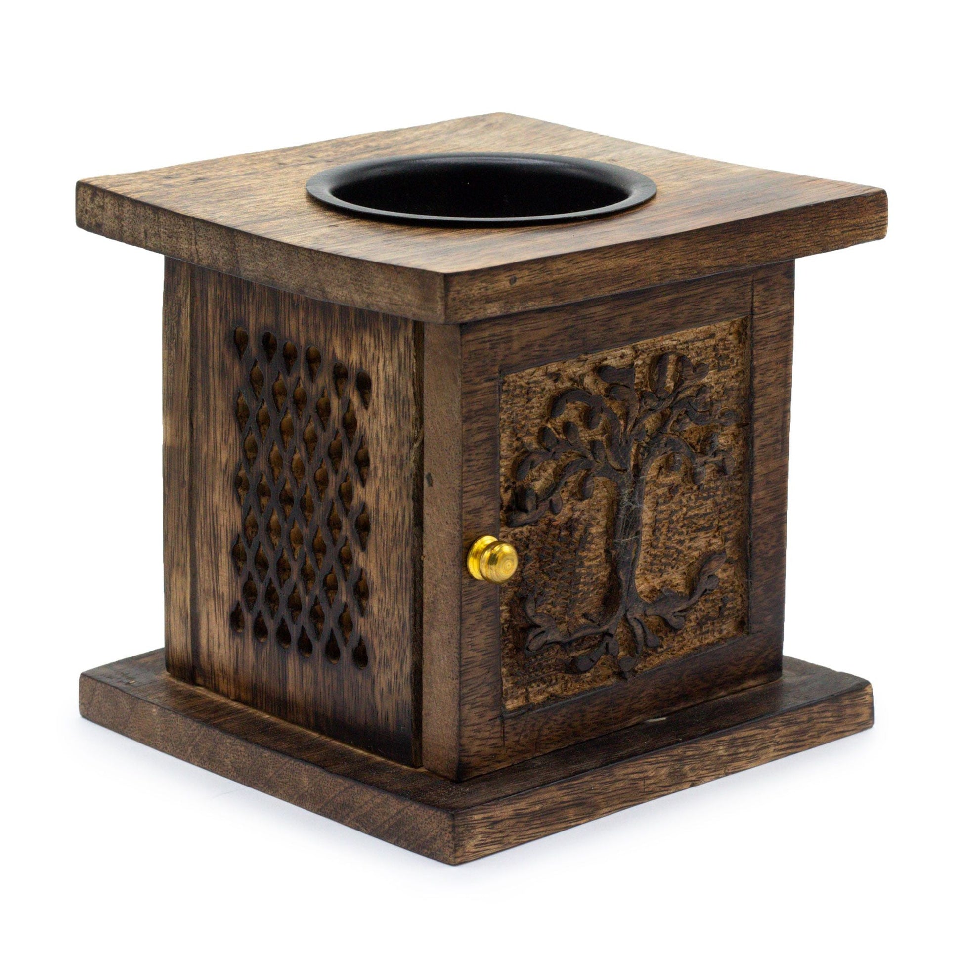Mango Wood Oil Burner – Tree of Life Design handcrafted square mango wood oil burner with carved Tree of Life panel, 12.5 cm