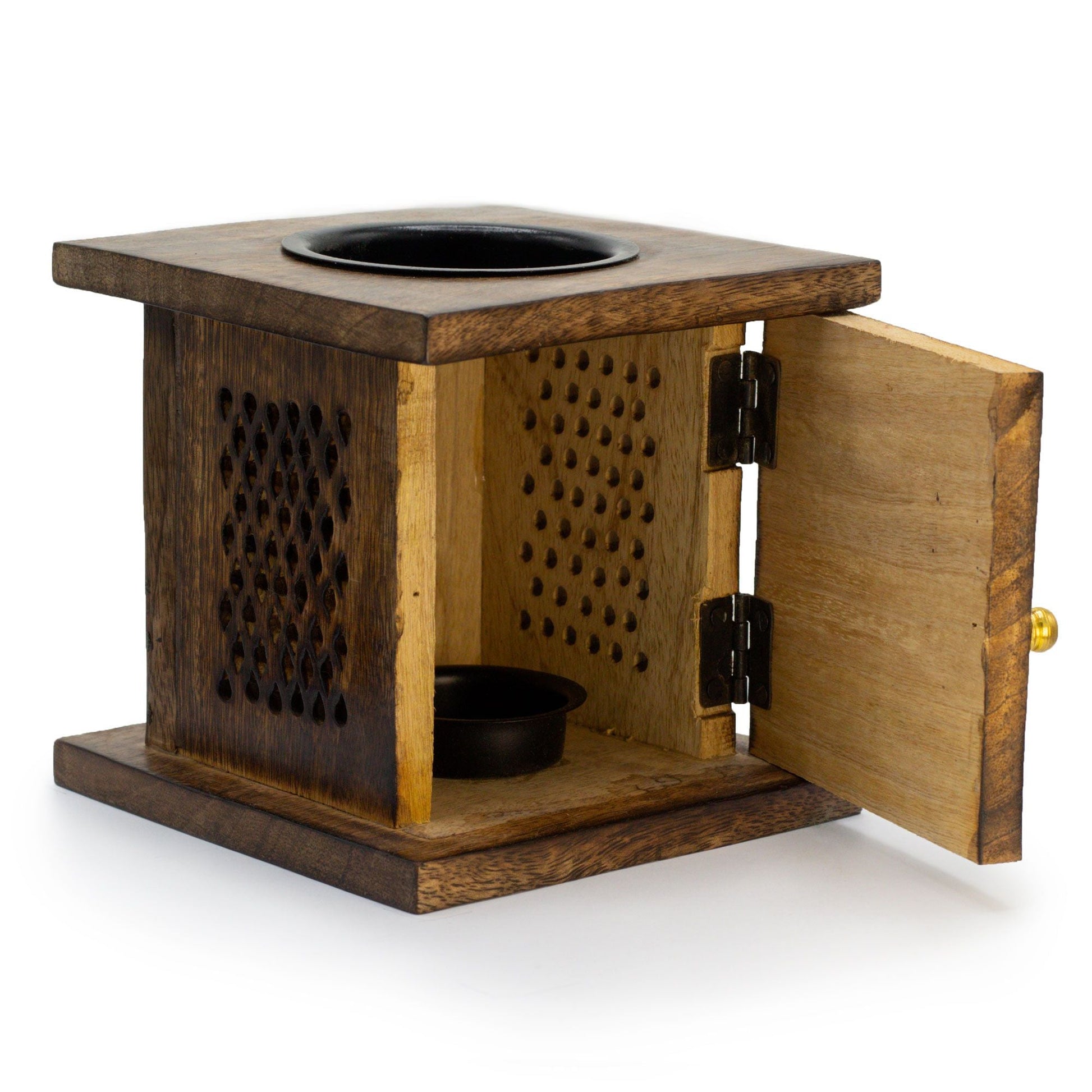 Mango Wood Oil Burner – Tree of Life Design, quemador de aceites artesanal de madera de mango con puerta y cuenco