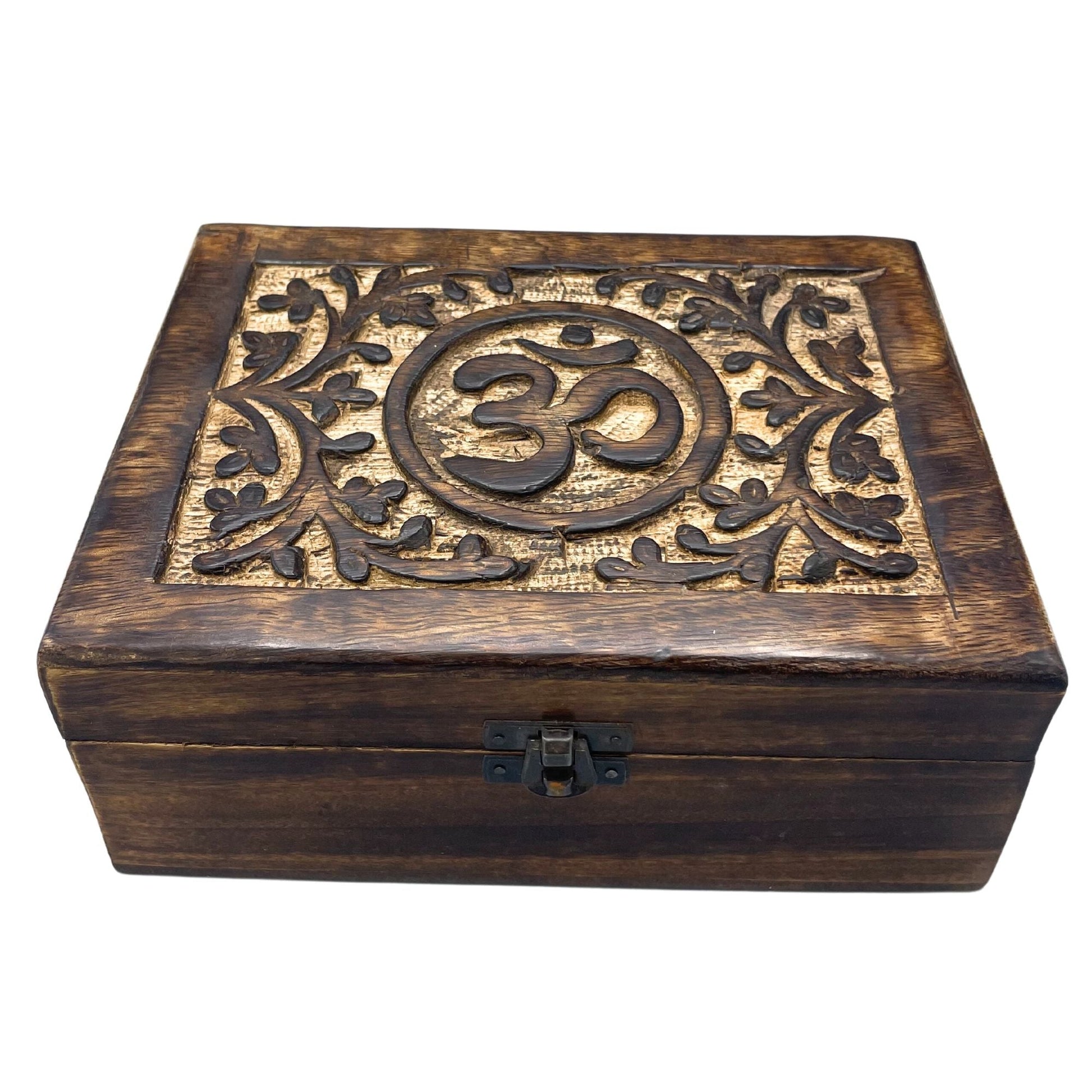 Mango Wood Om Keepsake Box – 20.5x15.5x8 CM hand-carved wooden keepsake box with Om symbol lid and metal latch