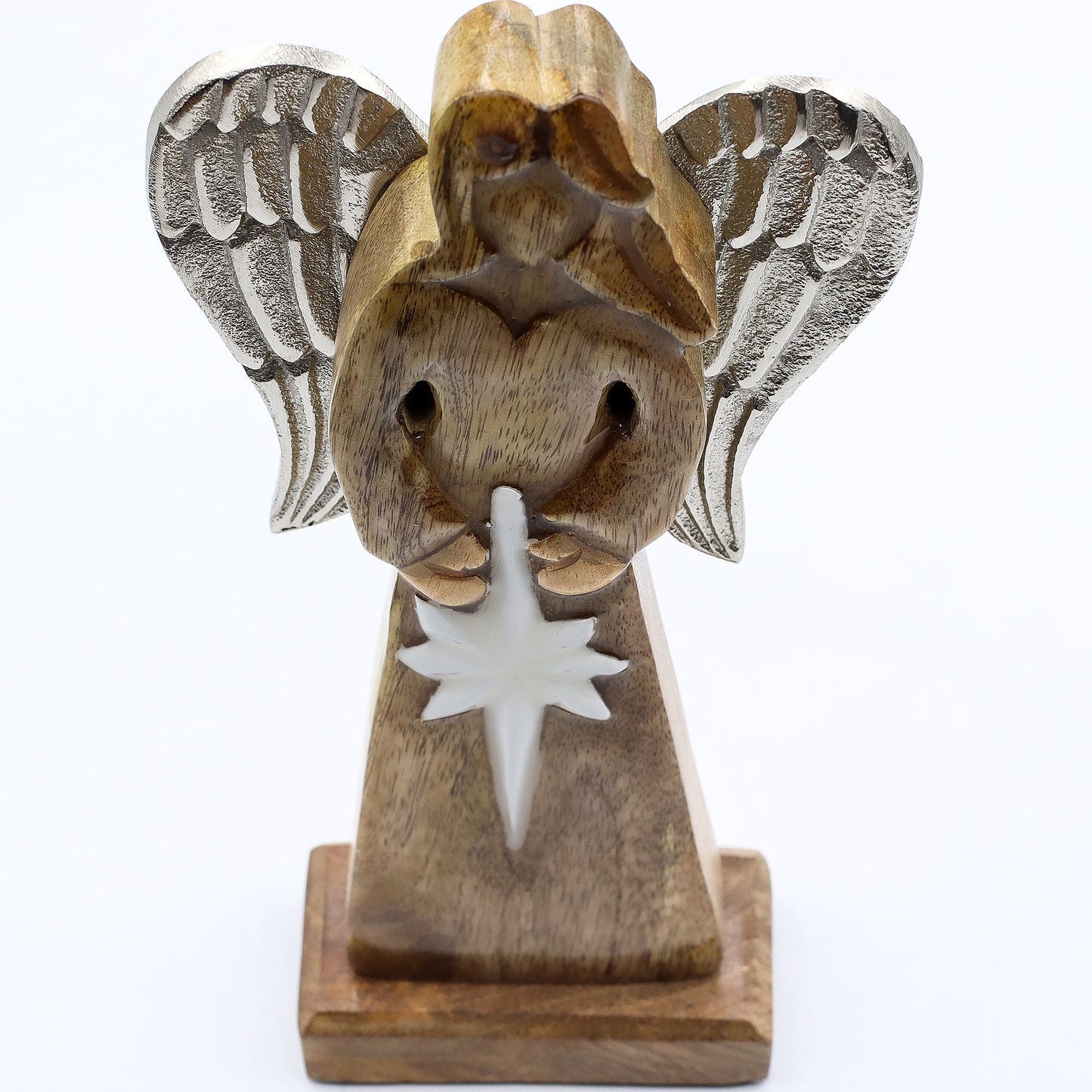 Mango Wood Peace Angel – 30 CM hand-carved mango wood angel with silver-toned metal wings and white enamel star
