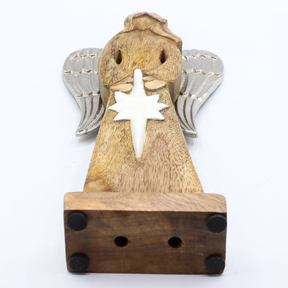 Mango Wood Peace Angel – 30 CM hand-carved mango wood angel with silver-tone metal wings and white enamel star, back view