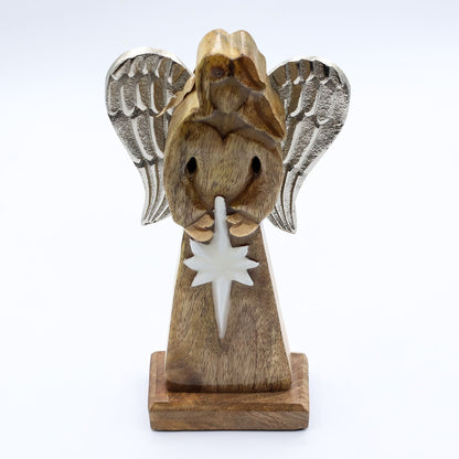 Mango Wood Peace Angel – 30 CM, ángel tallado en madera de mango con alas metálicas plateadas y estrella blanca esmaltada