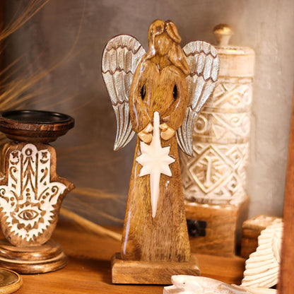 Mango Wood Peace Angel – 30 CM hand-carved mango wood angel with silver-tone metal wings and white enamel star decor