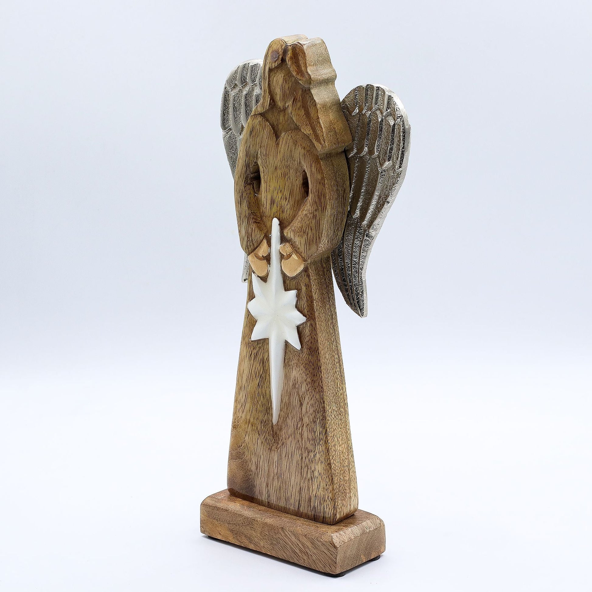 Mango Wood Peace Angel – 30 CM hand-carved mango wood angel statue with silver-tone metal wings and white enamel star
