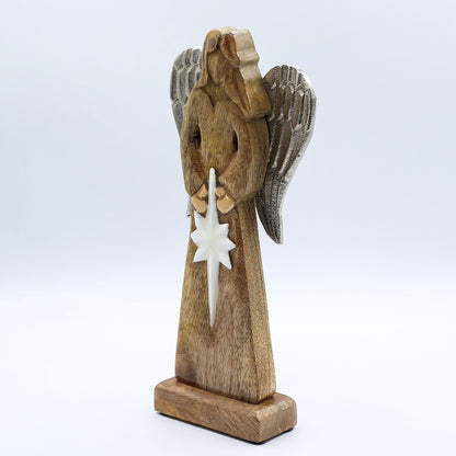 Mango Wood Peace Angel – 30 CM hand-carved mango wood angel statue with silver-tone metal wings and white enamel star