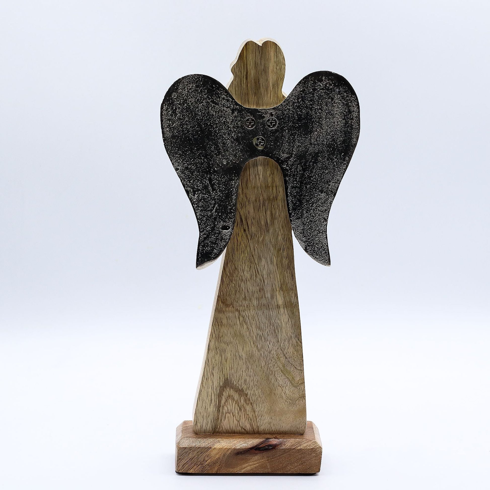 Mango Wood Peace Angel – 30 CM figura ángel de madera de mango tallada con alas metálicas plateadas y base de madera