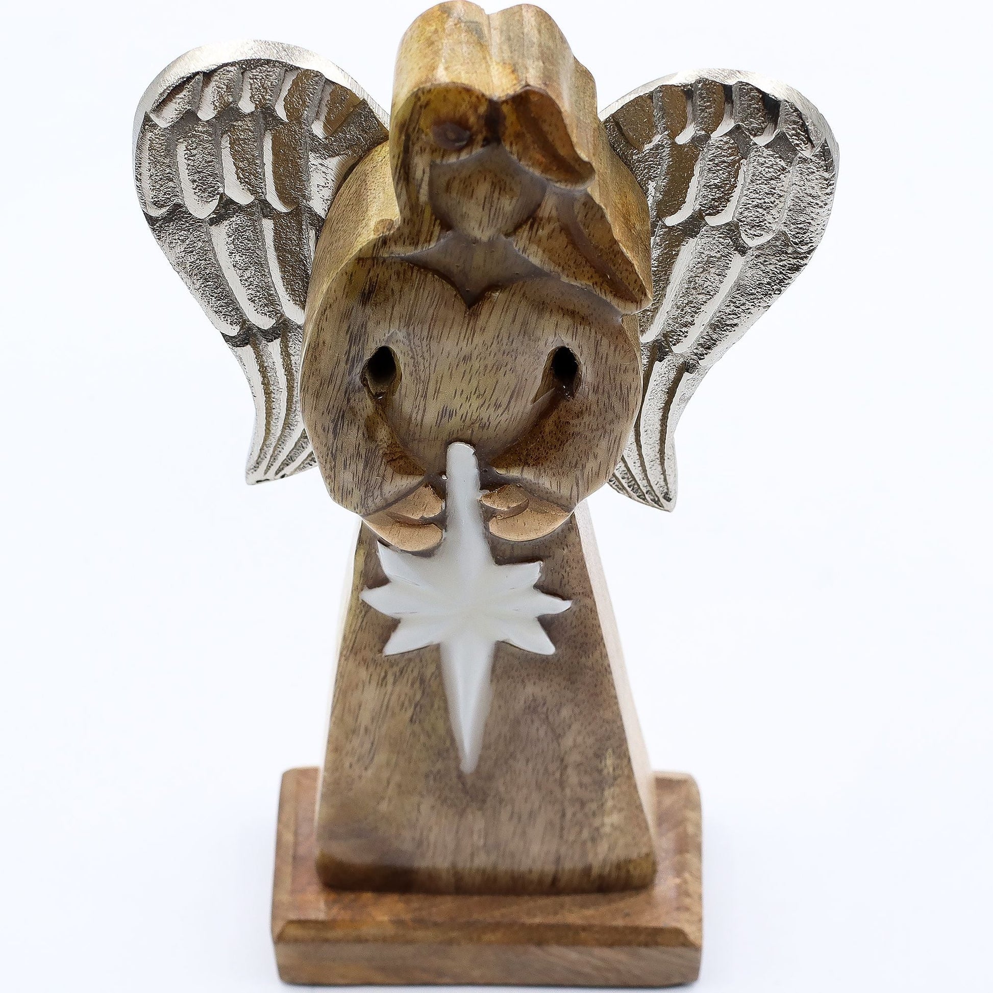 Mango Wood Peace Angel – 30 CM hand-carved mango wood angel with silver-tone metal wings and white enamel star decor