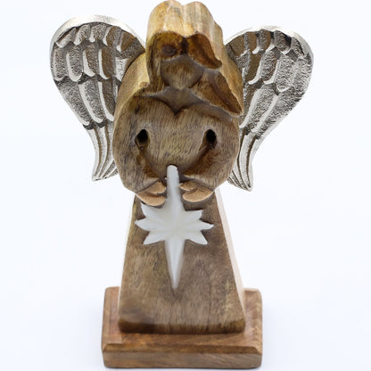 Mango Wood Peace Angel – 30 CM hand-carved mango wood angel with silver-tone metal wings and white enamel star decor
