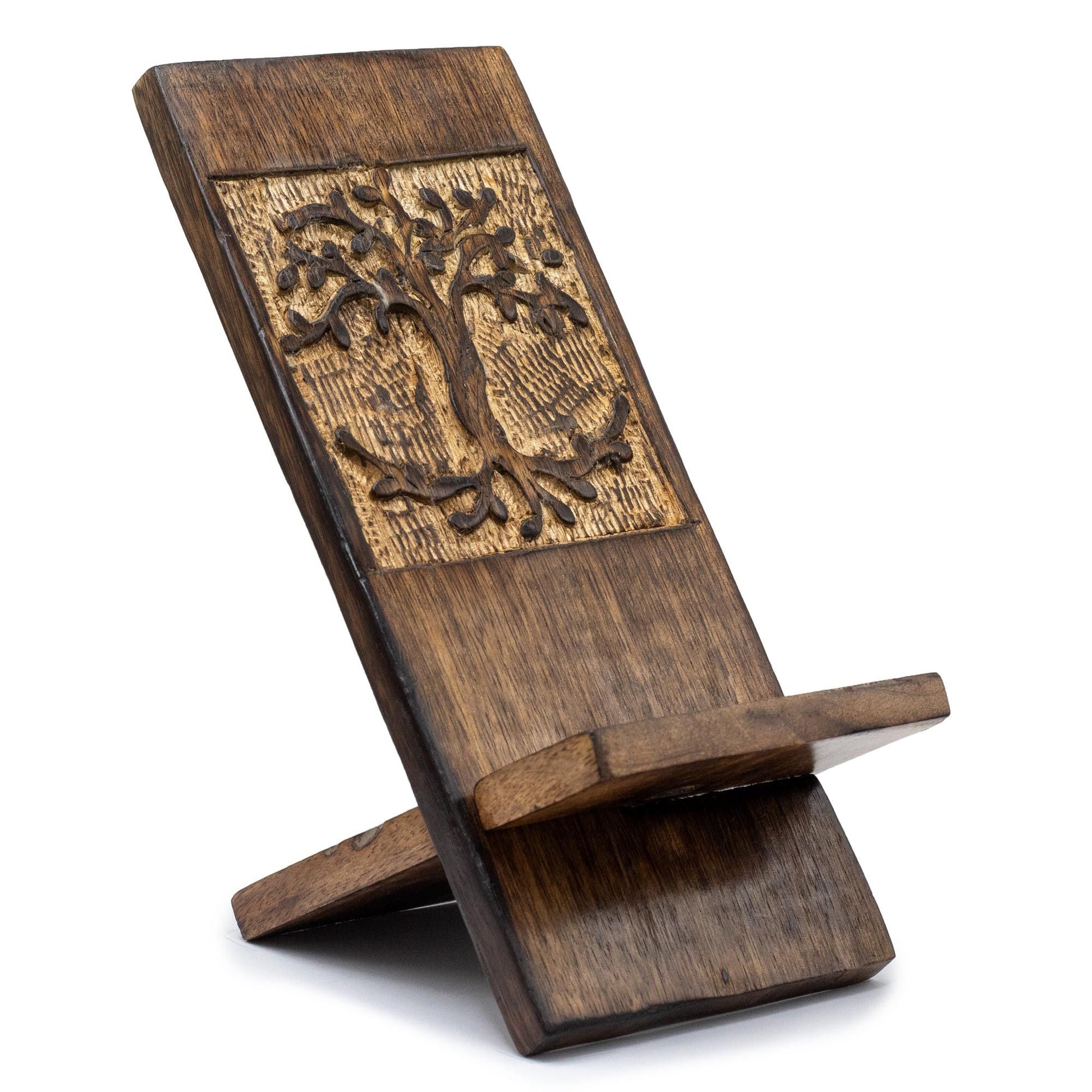 Mango Wood Phone Stand – Tree of Life 20x9.5 CM, soporte de teléfono de madera de mango con grabado Árbol de la Vida