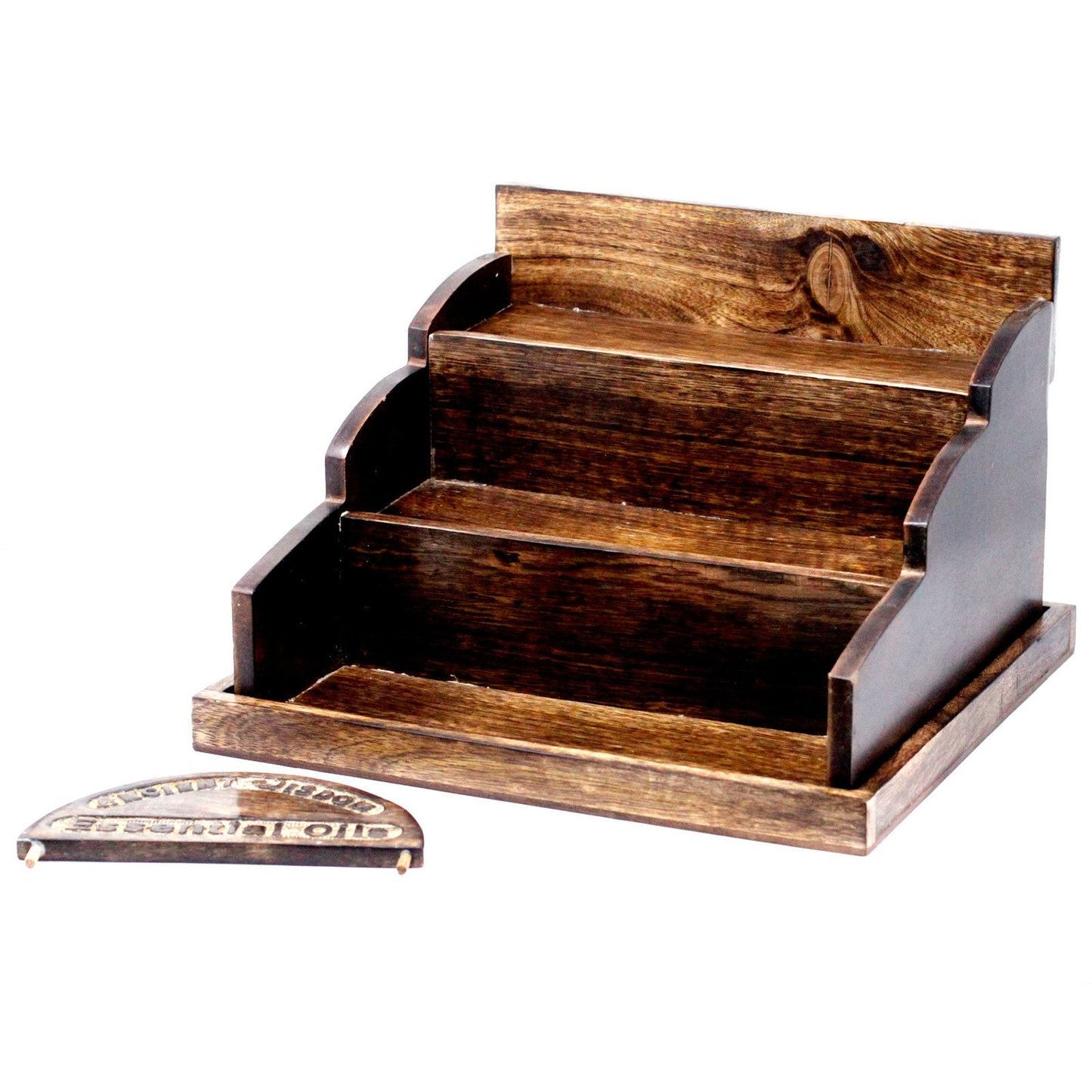 Alt Tag: Mango Wood Retail Display Stand – 36x33x34 CM, wooden tiered countertop retail display stand for essential oil bottles