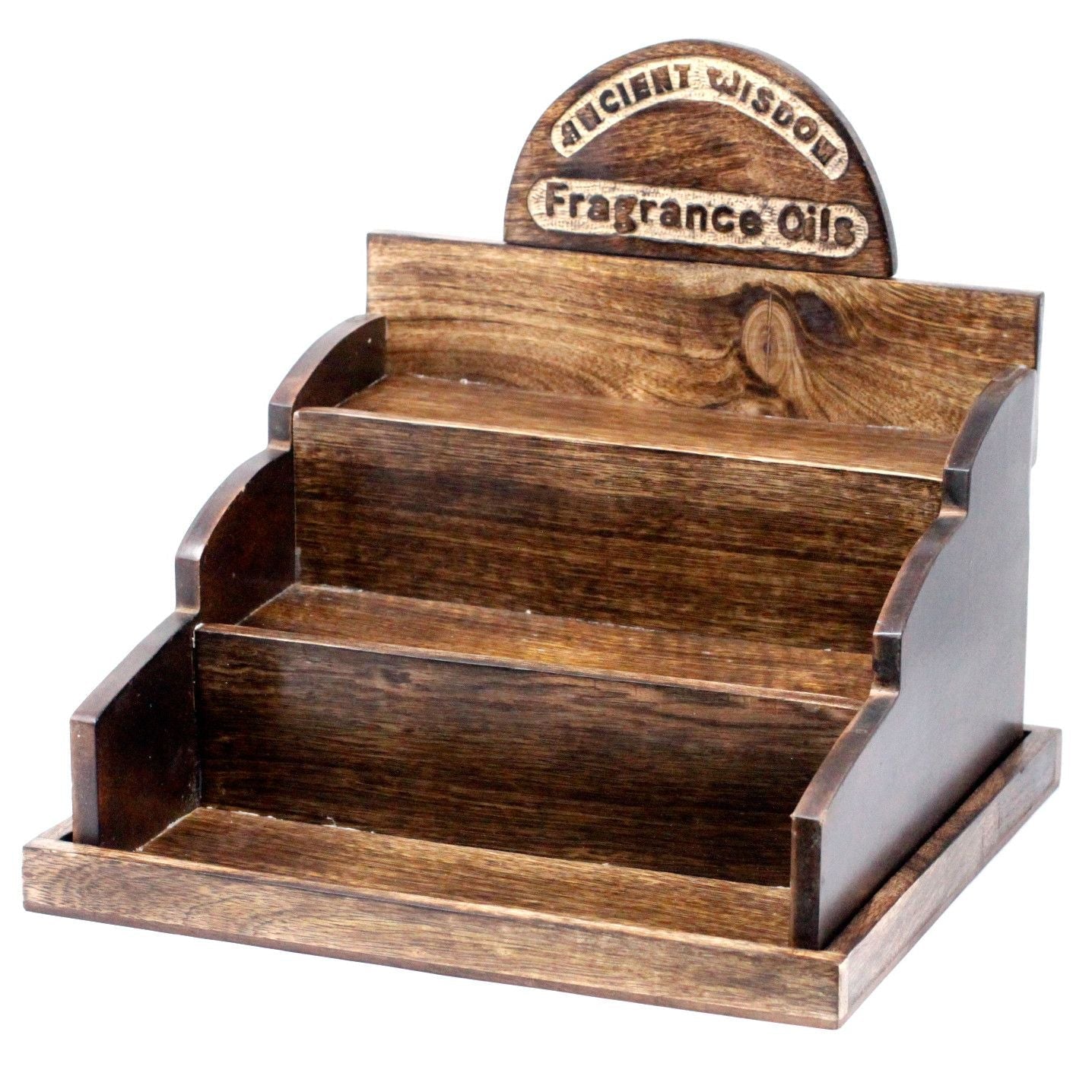 Alt Tag: Mango Wood Retail Display Stand – 36x33x34 CM, wooden tiered counter display stand for fragrance oils