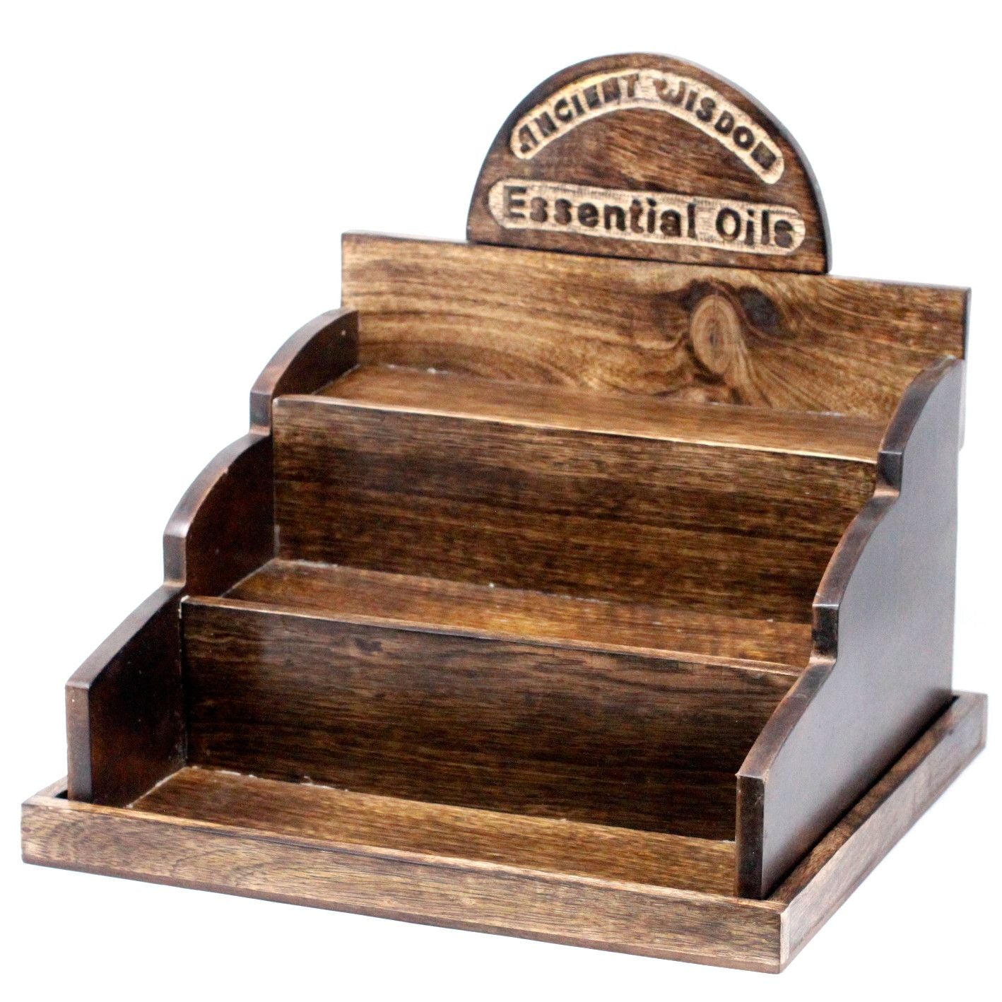 Alt Tag: Mango Wood Retail Display Stand – 36x33x34 CM wooden essential oils counter display stand with tiered shelves