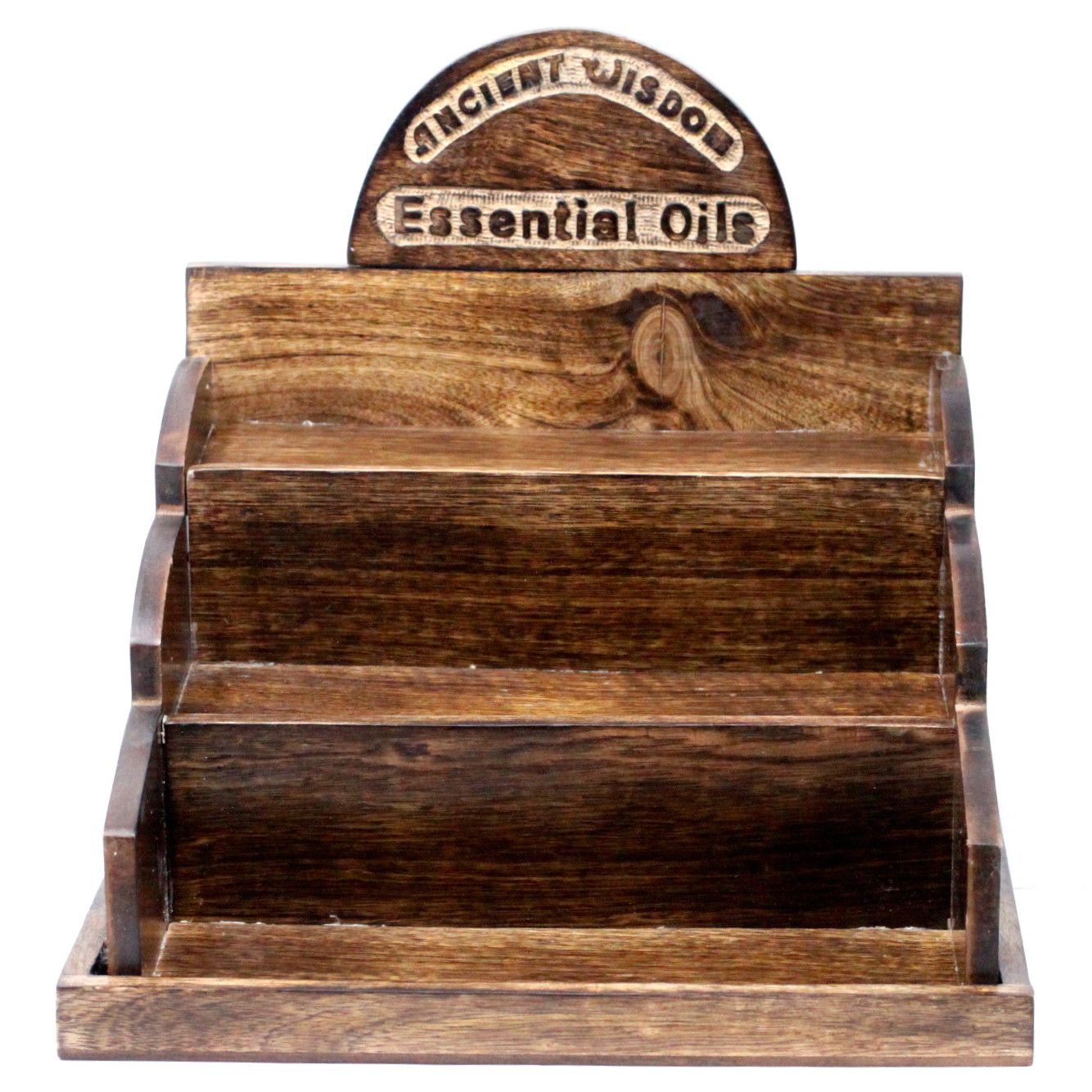 Alt Tag: Mango Wood Retail Display Stand – 36x33x34 CM wooden essential oils retail counter display with tiered shelves