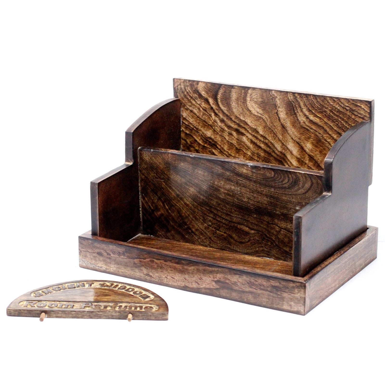 Mango Wood Room Perfume Display Stand – 32x22.5x31 CM dark mango wood countertop perfume display stand with divided compartments
