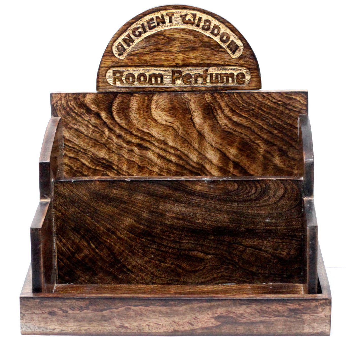 Mango Wood Room Perfume Display Stand – 32x22.5x31 CM, wooden retail counter organizer with engraved Room Perfume header