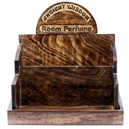 Mango Wood Room Perfume Display Stand – 32x22.5x31 CM, wooden retail counter organizer with engraved Room Perfume header