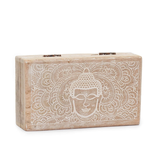 Alt-Tag: Quadratische Mango-Holzbox – Buddha Face Whitewash 17x10x4.2 CM, weiß gekalkte Aufbewahrungsbox aus Mangoholz mit Buddha-Gesicht-Design