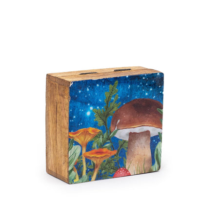 Fyrkantig ask i mangoträ – Teal Mushroom Design 10x10x4 CM, teal emaljerad fyrkantig ask med svampillustration, 10x10x4 cm