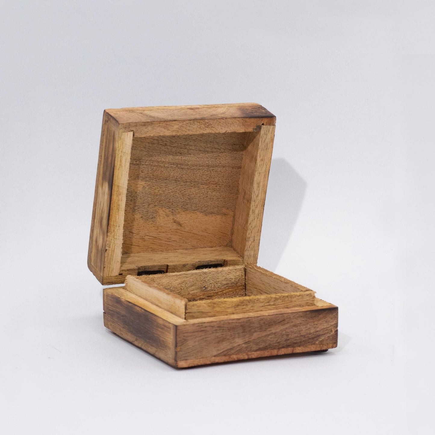 Fyrkantig ask i mangoträ – Teal Mushroom-design 10x10x4 CM öppen fyrkantig smyckesask i mangoträ med gångjärnslock