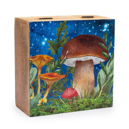 Förvaringslåda i mangoträ – 15x17.5x8CM Mushroom Design Teal, förvaringslåda med skogssvampsillustration i teal och lock med gångjärn